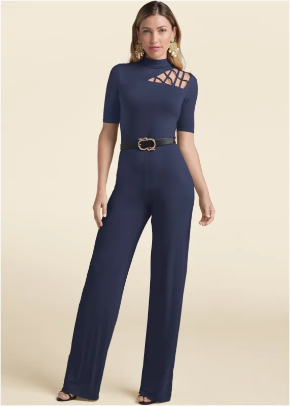 Strappy Mock-Neck Jumpsuit - Navy sold by VENUS