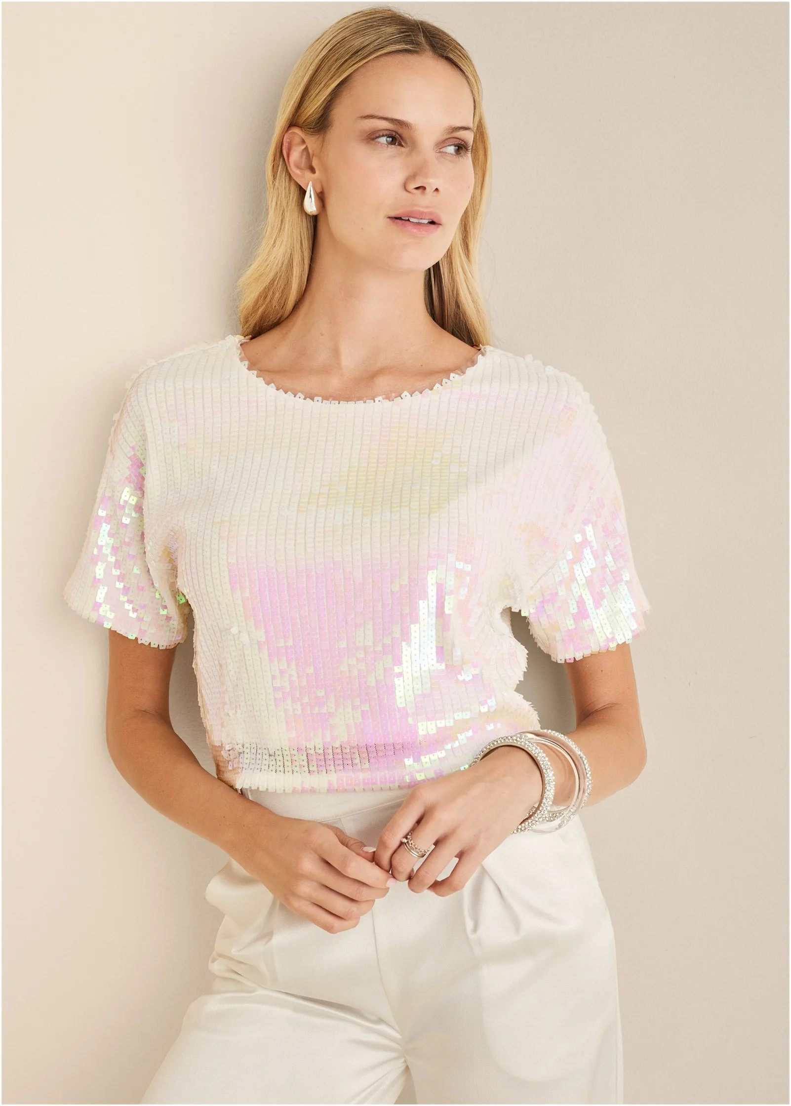 Stretch Sequin Top - Pearl White sold by VENUS product image thumbnail 5