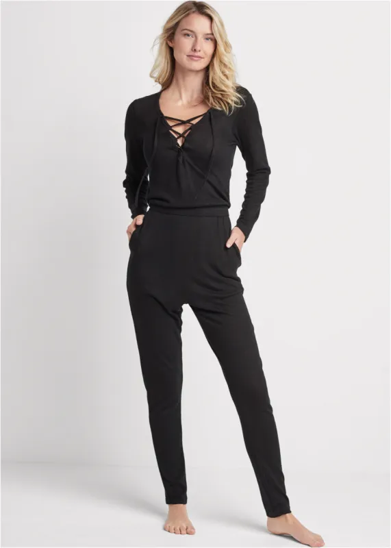 Cozy Hacci Lace-Up Jumpsuit - Black sold by VENUS