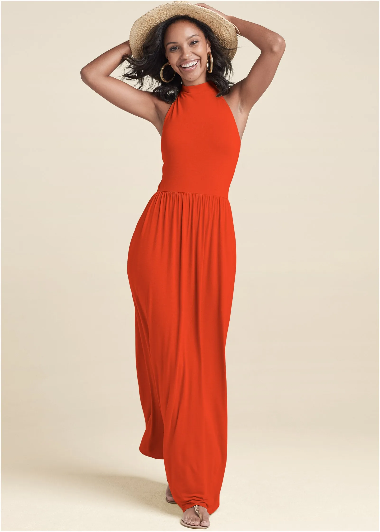 High Neck Maxi Dress - Tangerine Tango sold by VENUS