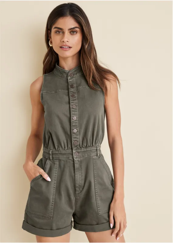 Twill Utility Romper - Olive sold by VENUS