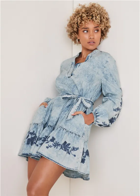 Embroidered Denim Dress - Acid Wash sold by VENUS