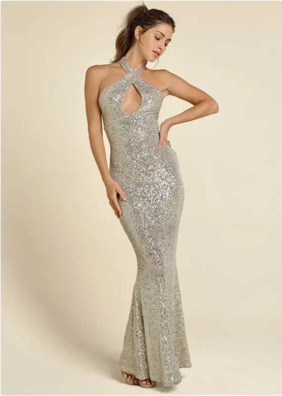 Sequin Keyhole Gown  - Champagne sold by VENUS