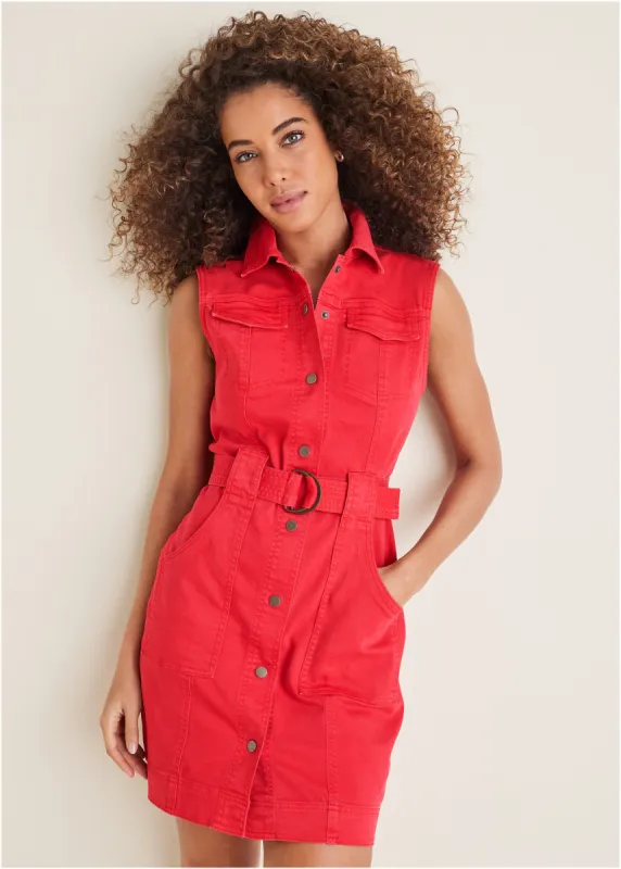 Colored Twill Utility Dress - Scarlet sold by VENUS