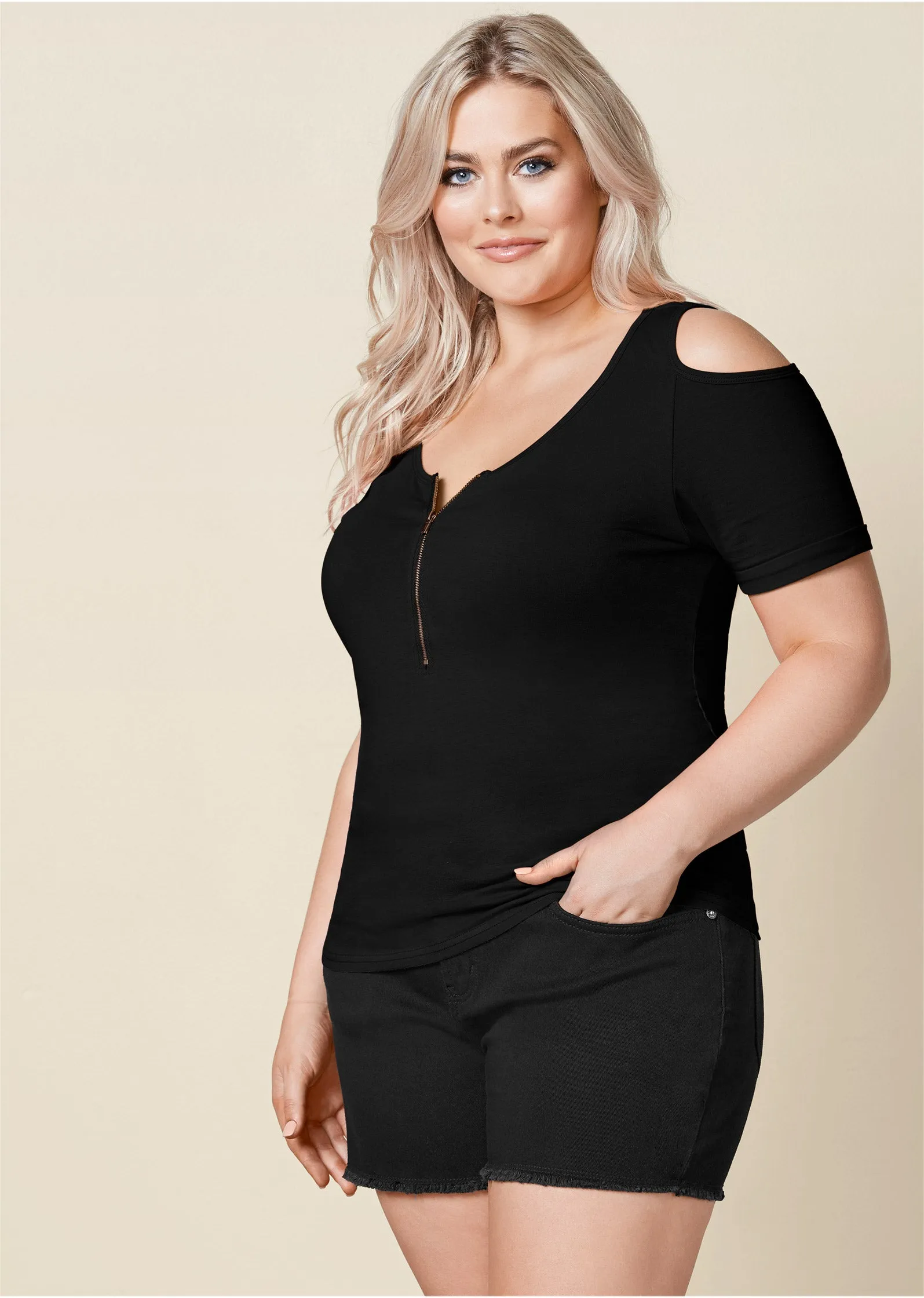 Cold-Shoulder Zipper Top - Black sold by VENUS product image thumbnail 4
