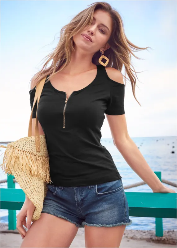Cold-Shoulder Zipper Top - Black sold by VENUS