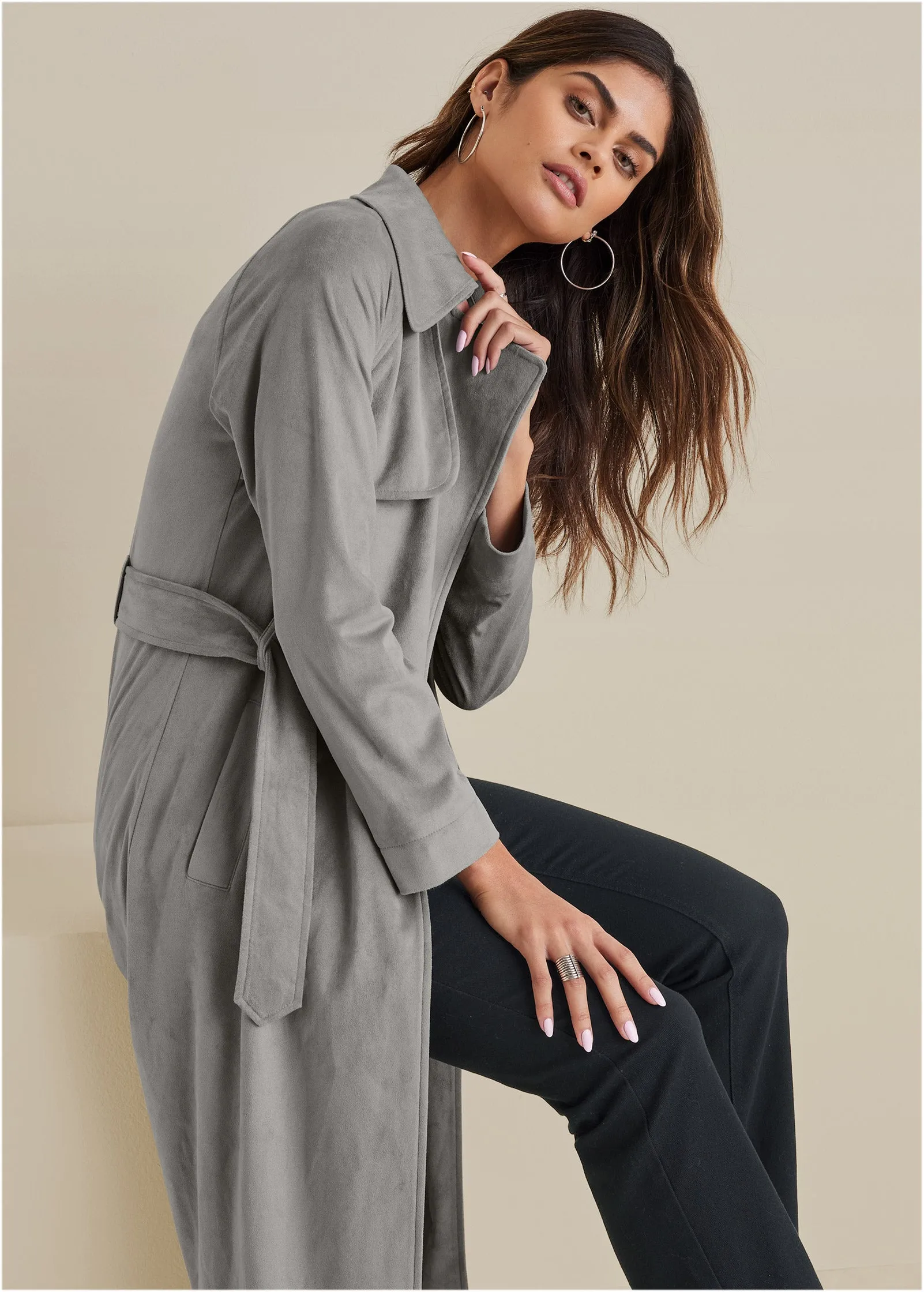Faux Suede Trench Coat - Grey sold by VENUS product image thumbnail 5