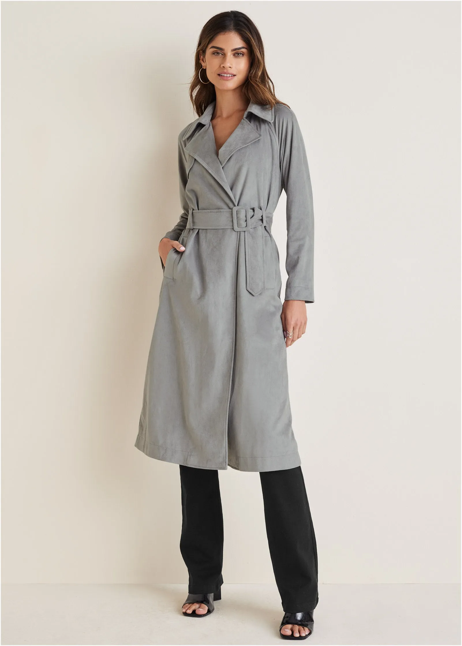 Faux Suede Trench Coat - Grey sold by VENUS