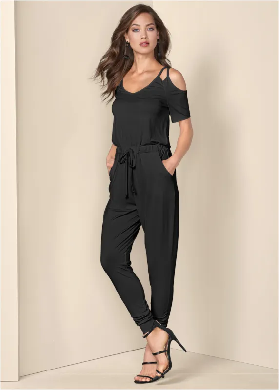 Cold-Shoulder Jumpsuit - Black sold by VENUS