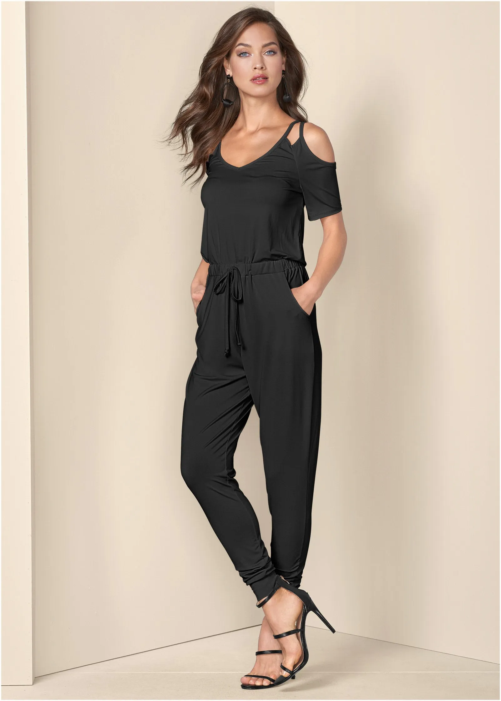 Cold-Shoulder Jumpsuit - Black sold by VENUS