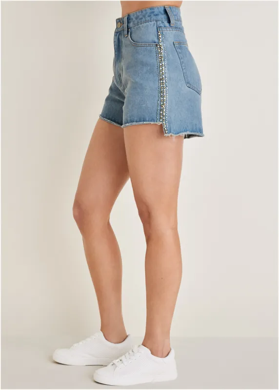 Step Hem Rhinestone Short - Light Wash sold by VENUS