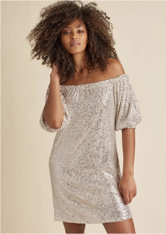 Sequin Off-The-Shoulder Dress - Silver sold by VENUS