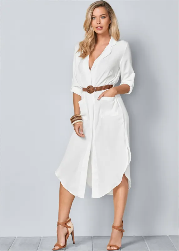 Belted Midi Shirt Dress - White sold by VENUS