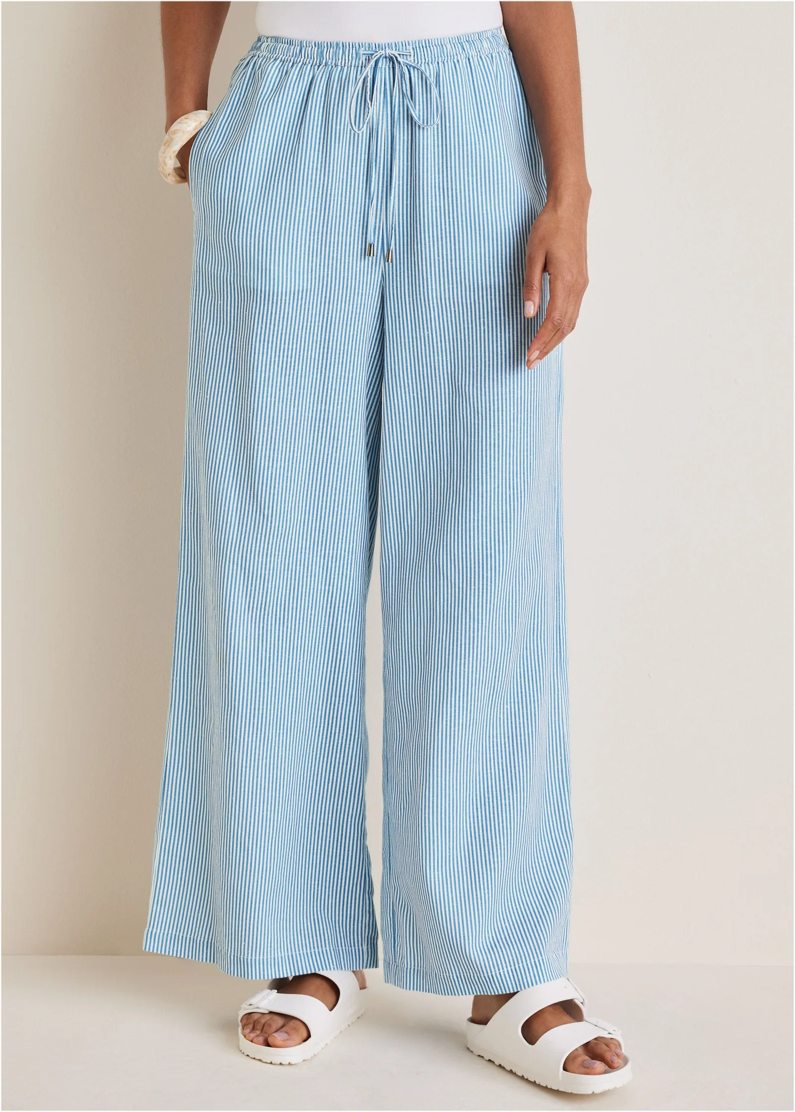 Cotton Linen Wide Leg Pants - Blue Whisper Stripe sold by VENUS