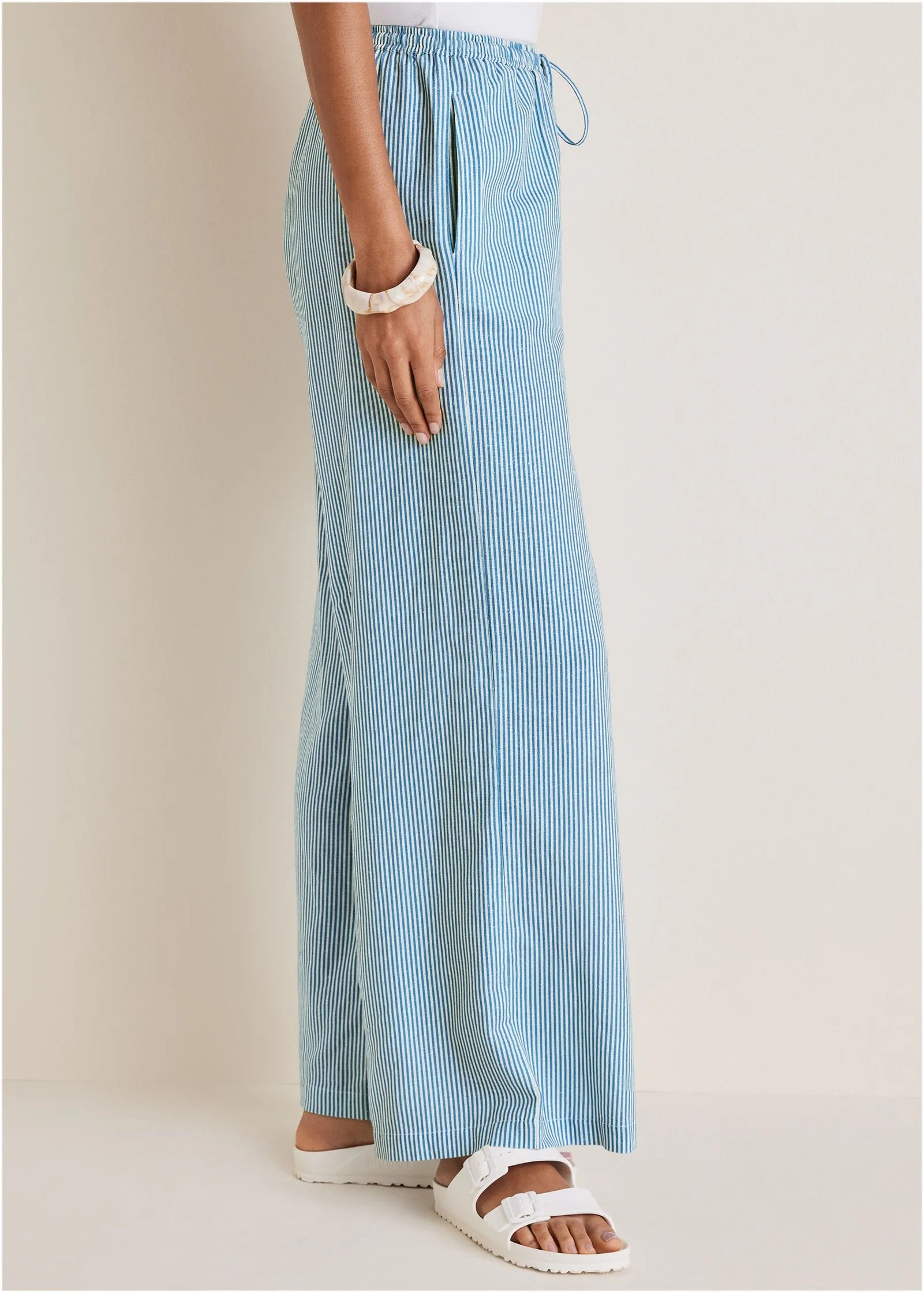 Cotton Linen Wide Leg Pants - Blue Whisper Stripe sold by VENUS product image thumbnail 3