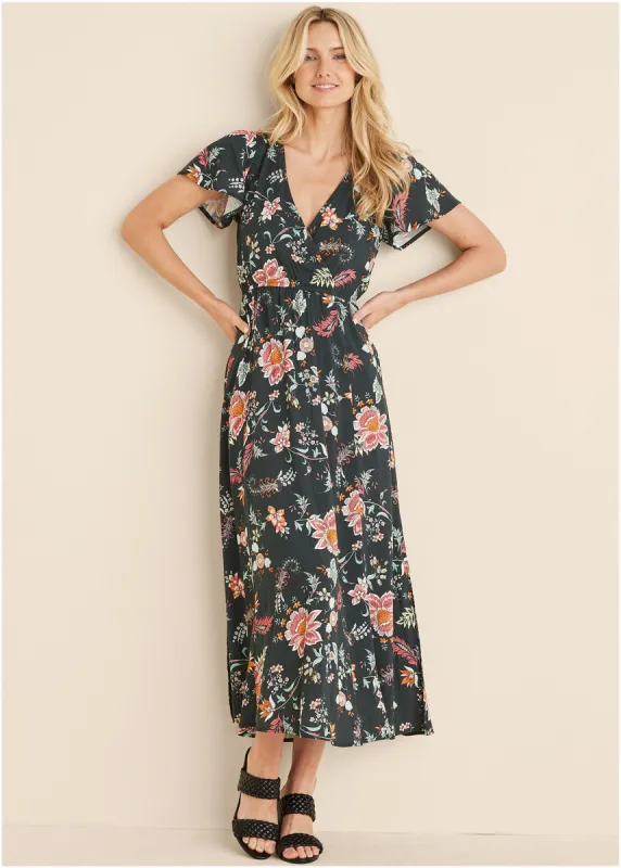 Abstract Print Maxi Dress - Black & Coral sold by VENUS
