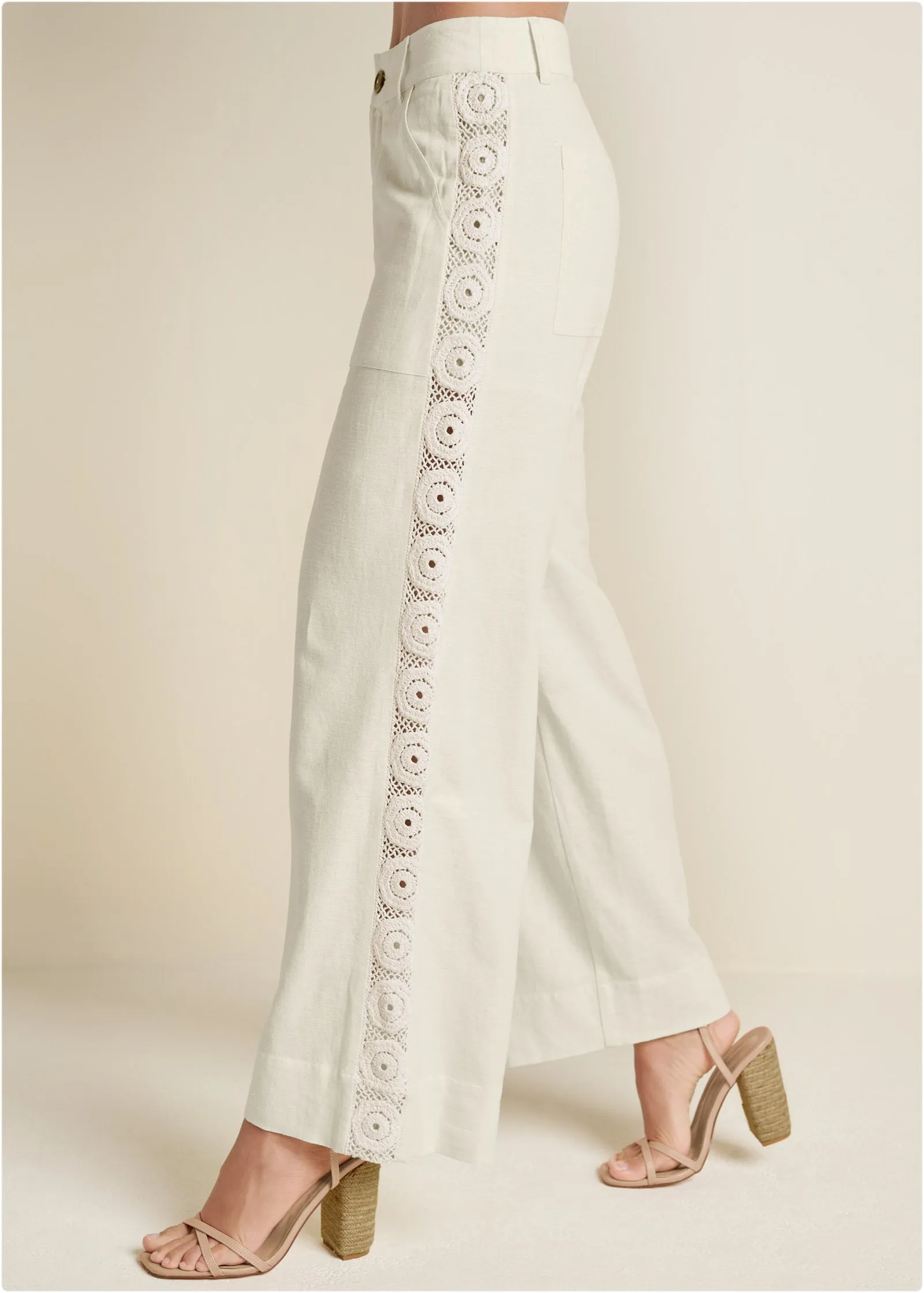 Linen Crochet Side Pants - Bone sold by VENUS product image thumbnail 3