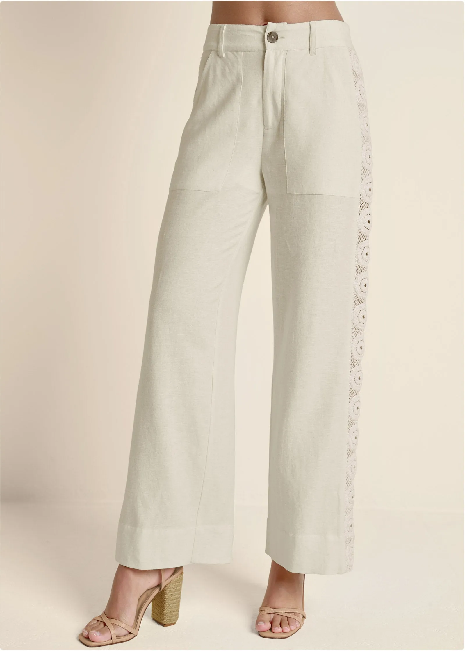 Linen Crochet Side Pants - Bone sold by VENUS