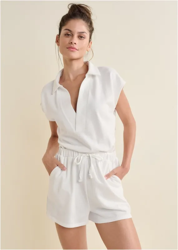 Back Cutout V-Neck Romper - Off White sold by VENUS
