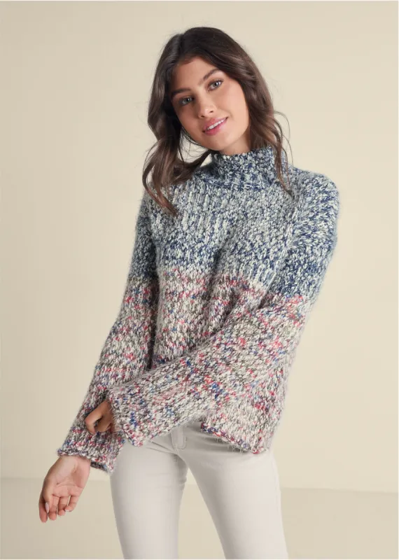 Marled Colorblock Turtleneck Sweater - Blue Multi sold by VENUS