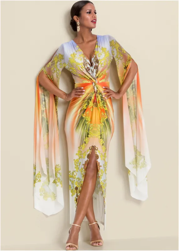 Exaggerated Sleeve Dress - Yellow Multi sold by VENUS