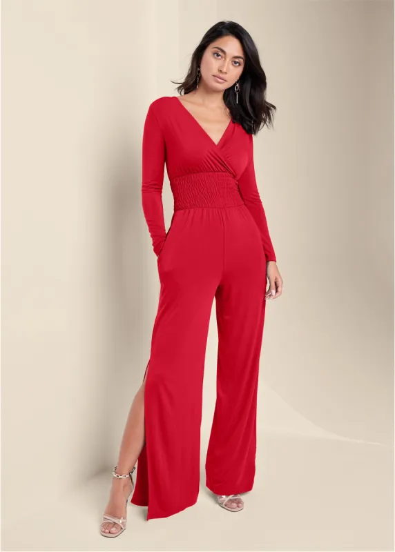 Smocked Waist Jumpsuit - Red sold by VENUS