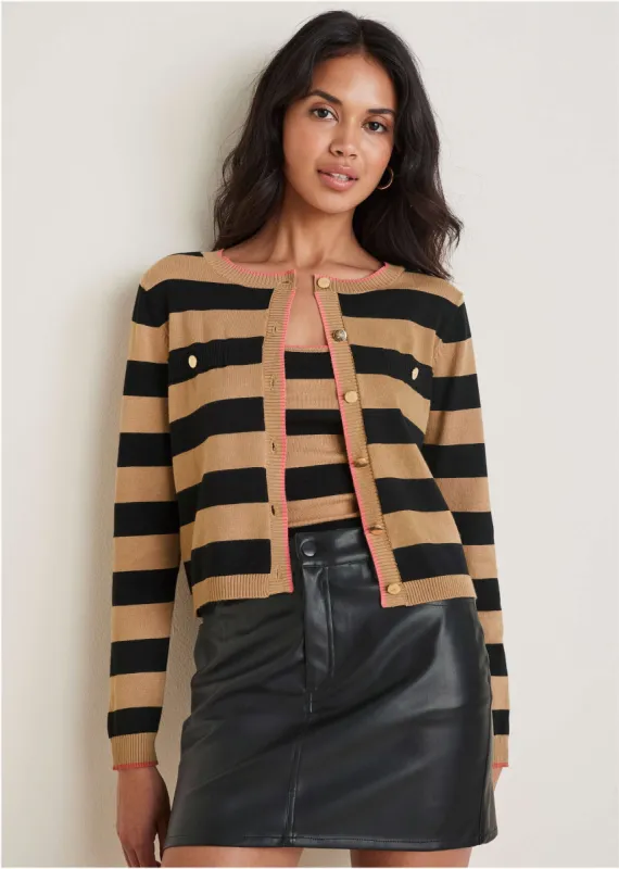 Stripe Cardigan Set - Black & Tan sold by VENUS