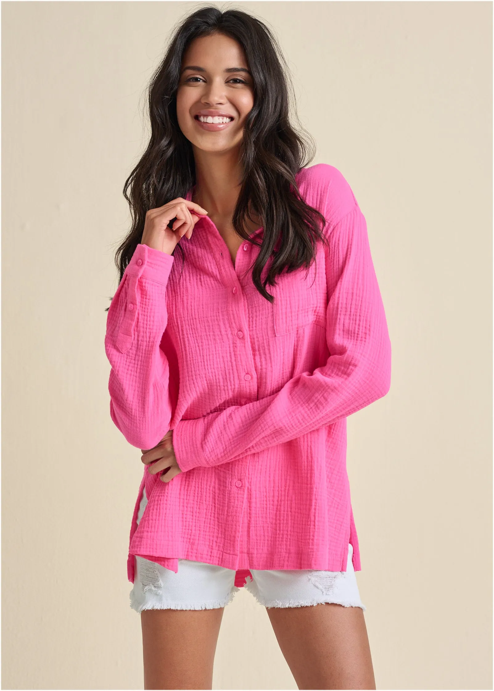 Textured button-down top - Pink sold by VENUS