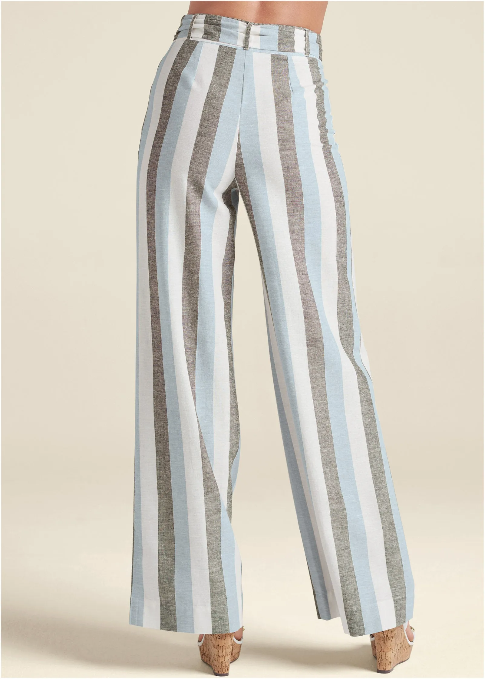 Striped Wide Leg Linen Pants With Belt With Self Belt - Light Blue Multi sold by VENUS product image thumbnail 2