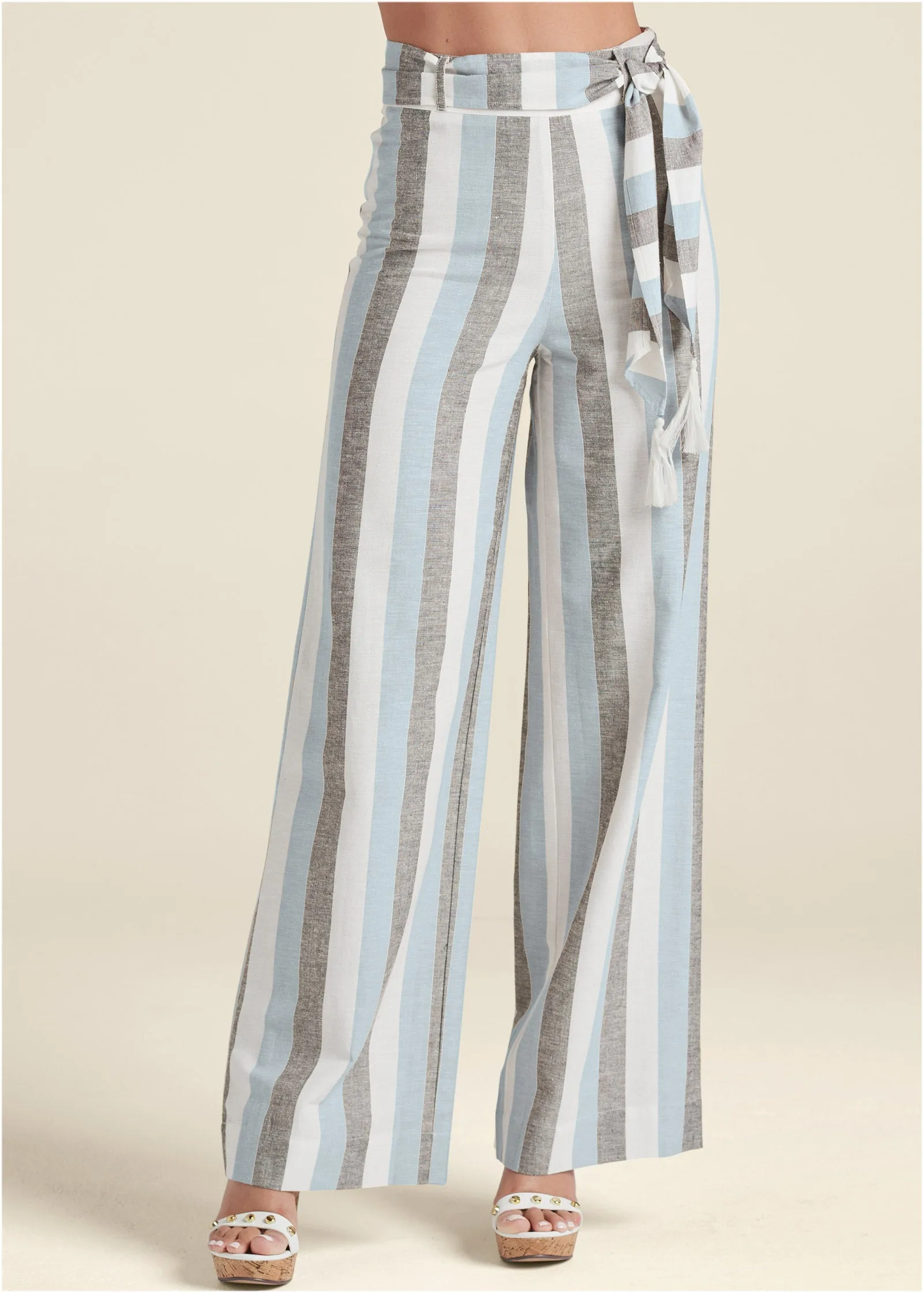 Striped Wide Leg Linen Pants With Belt With Self Belt - Light Blue Multi sold by VENUS