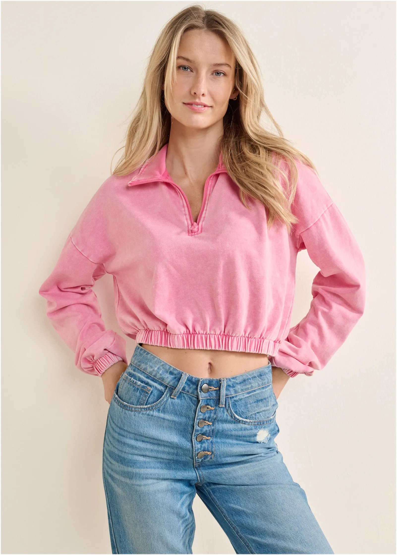 Terry Half-Zip Sweatshirt - Pink sold by VENUS