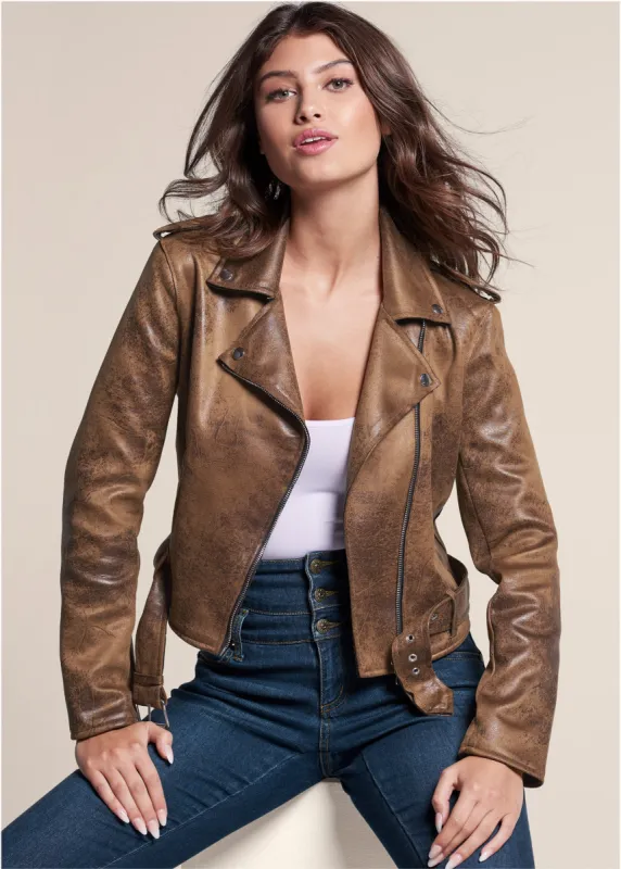 Distressed Moto Jacket - Brown made by VENUS