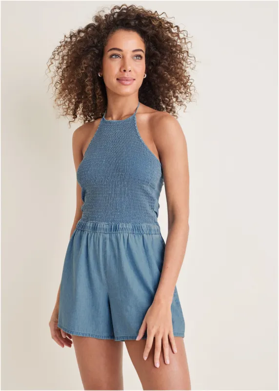 Smocked Chambray Romper - Medium Wash sold by VENUS