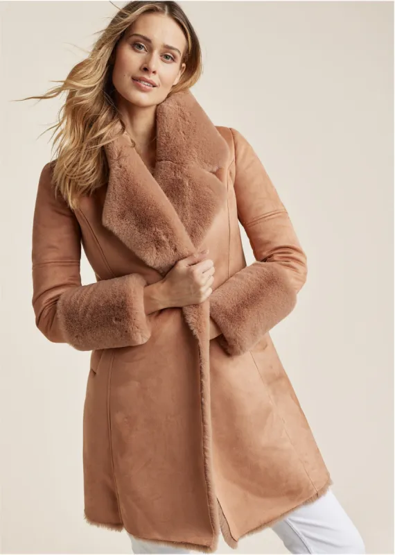 Faux Fur And Suede Coat - Camel sold by VENUS
