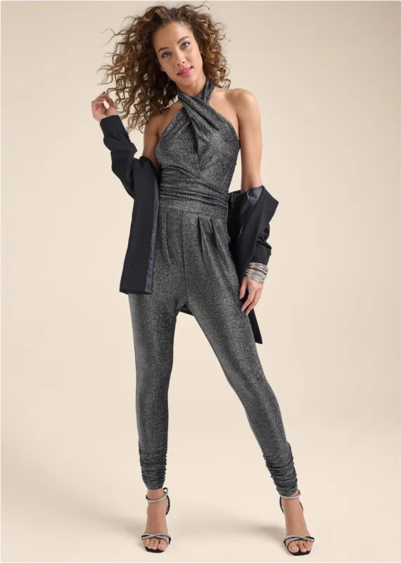 Cross-Neck Sparkle Jumpsuit - Silver sold by VENUS