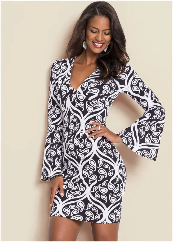 Printed V-Neck Dress - Black & White sold by VENUS