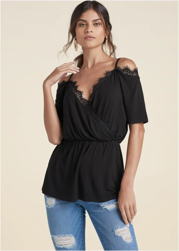 Cold-Shoulder Lace Top - Black sold by VENUS