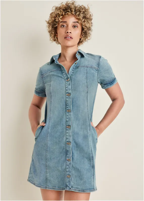 Denim Mini Dress - Light Wash sold by VENUS