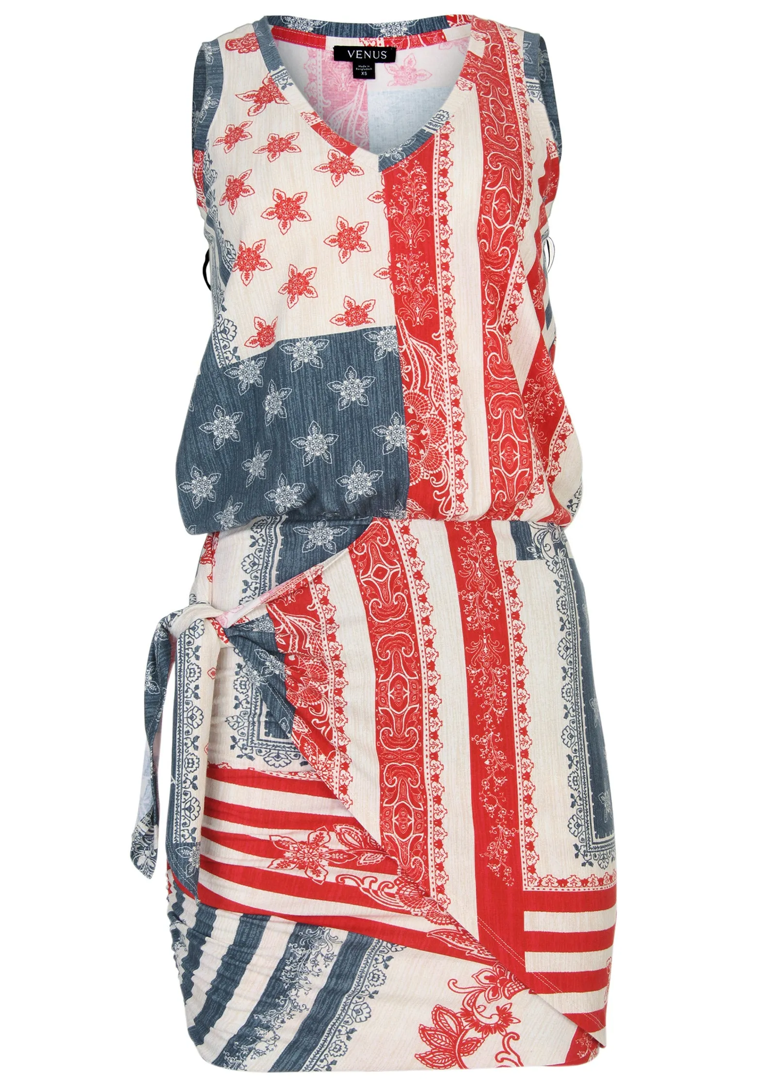Vneck Side Wrap Mini Dress - Americana Patchwork Stripe sold by VENUS product image thumbnail 3