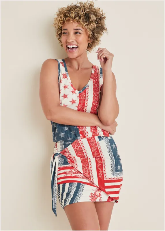 Vneck Side Wrap Mini Dress - Americana Patchwork Stripe sold by VENUS