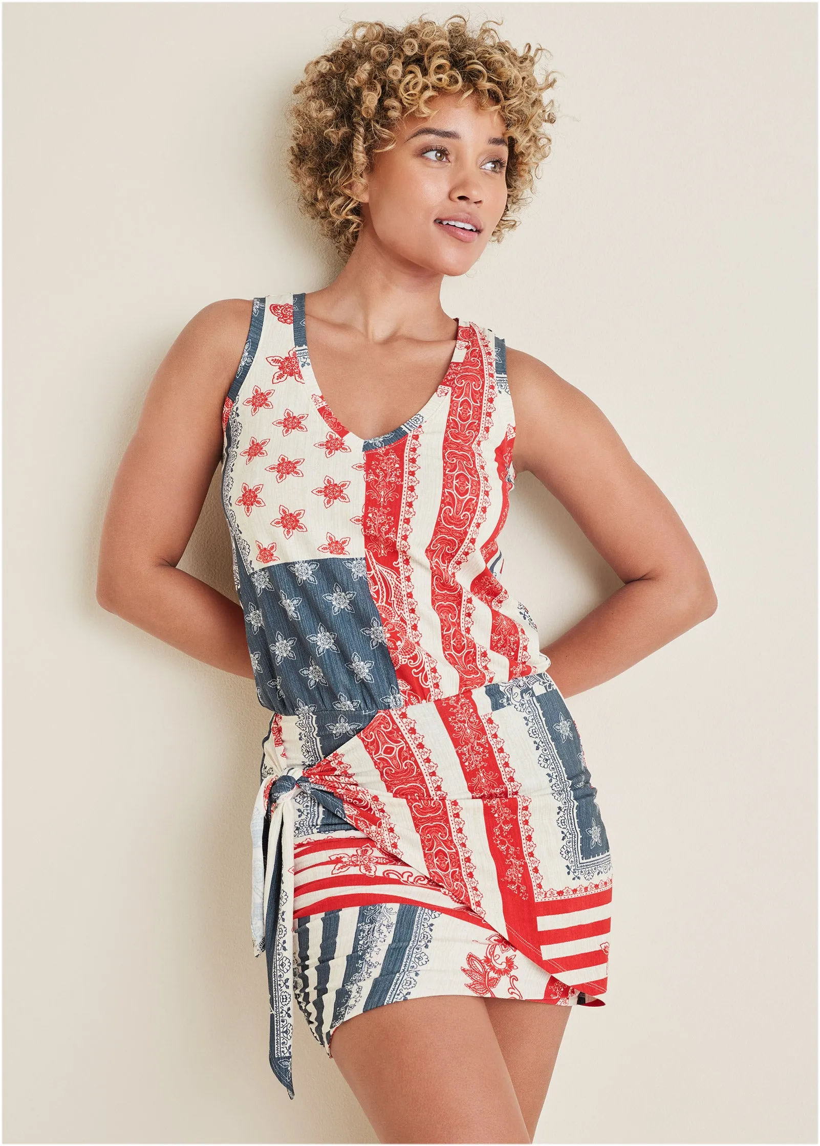 Vneck Side Wrap Mini Dress - Americana Patchwork Stripe sold by VENUS product image thumbnail 4