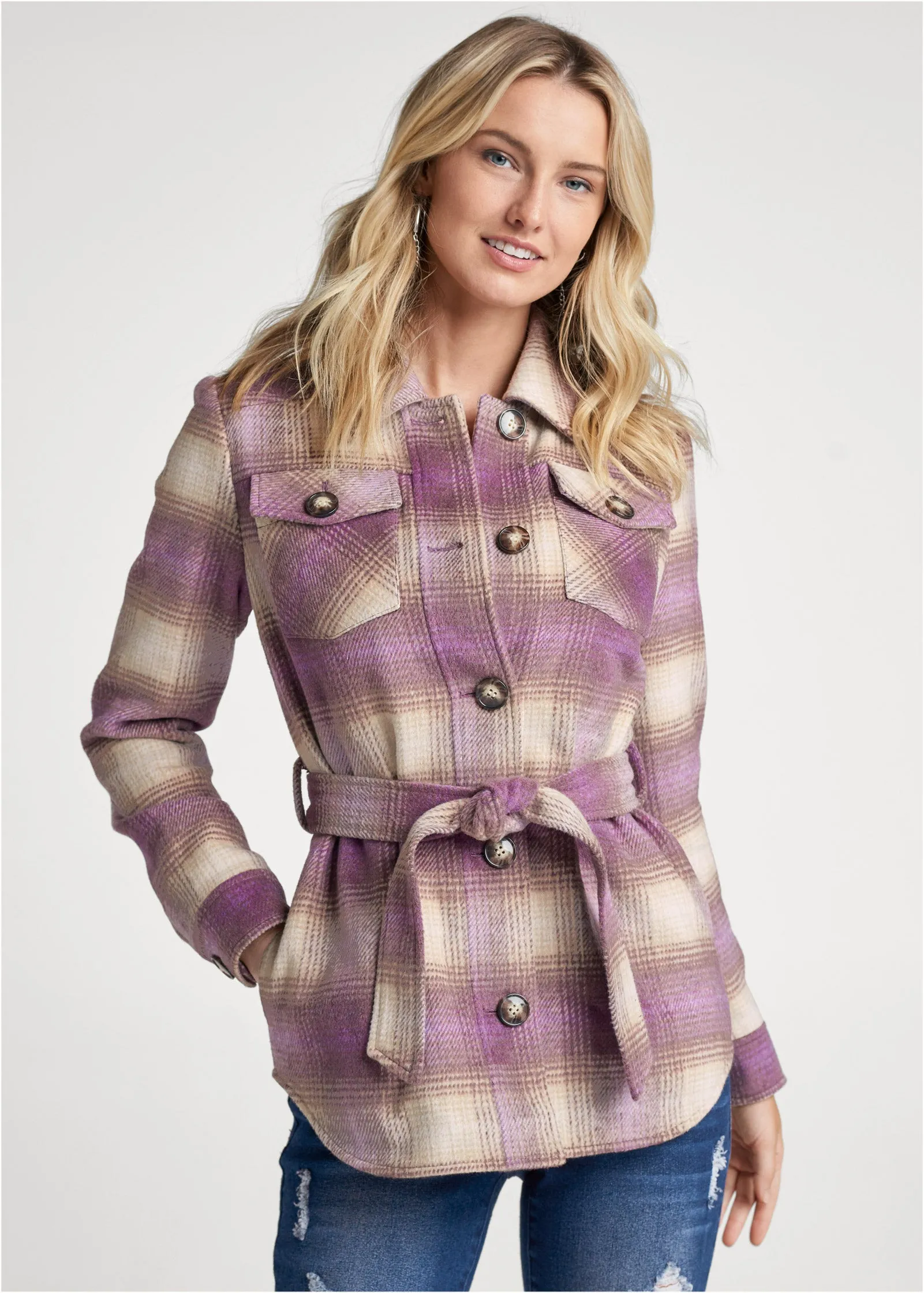 Plaid Shacket With Belt - Purple Multi sold by VENUS