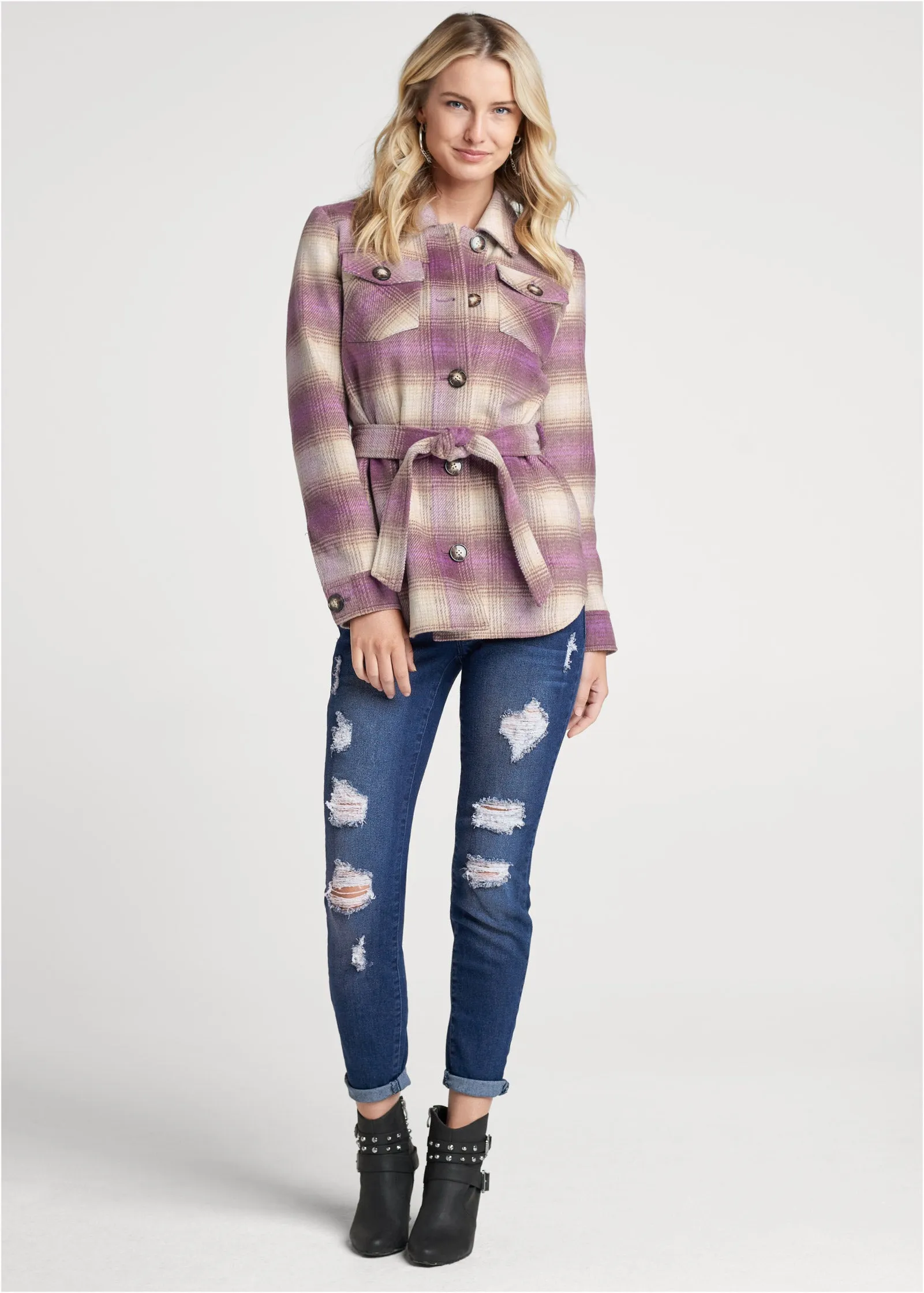 Plaid Shacket With Belt - Purple Multi sold by VENUS product image thumbnail 2