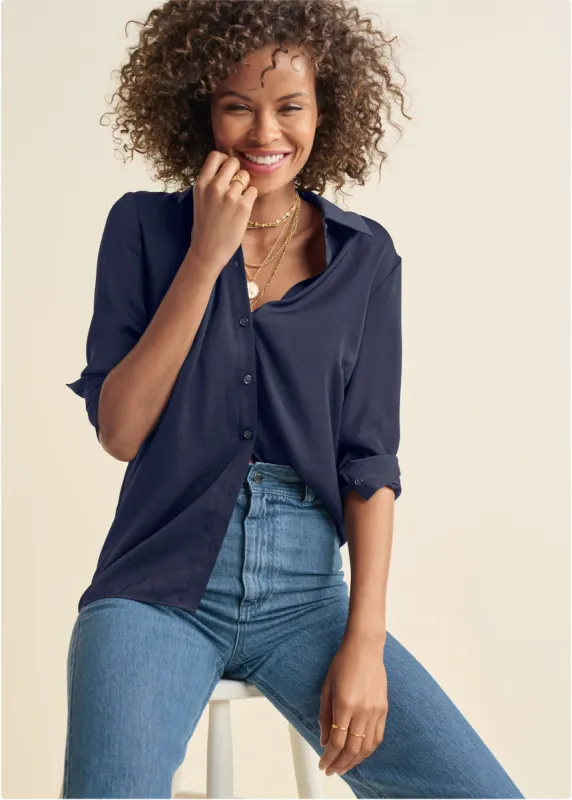 Soft Button-Down Blouse - Navy sold by VENUS