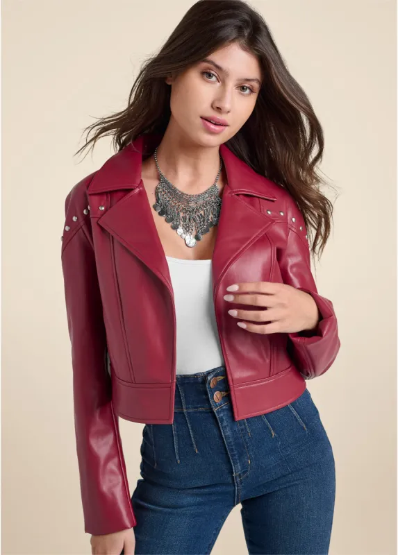 Faux-Leather Grommet Jacket - Red Multi sold by VENUS