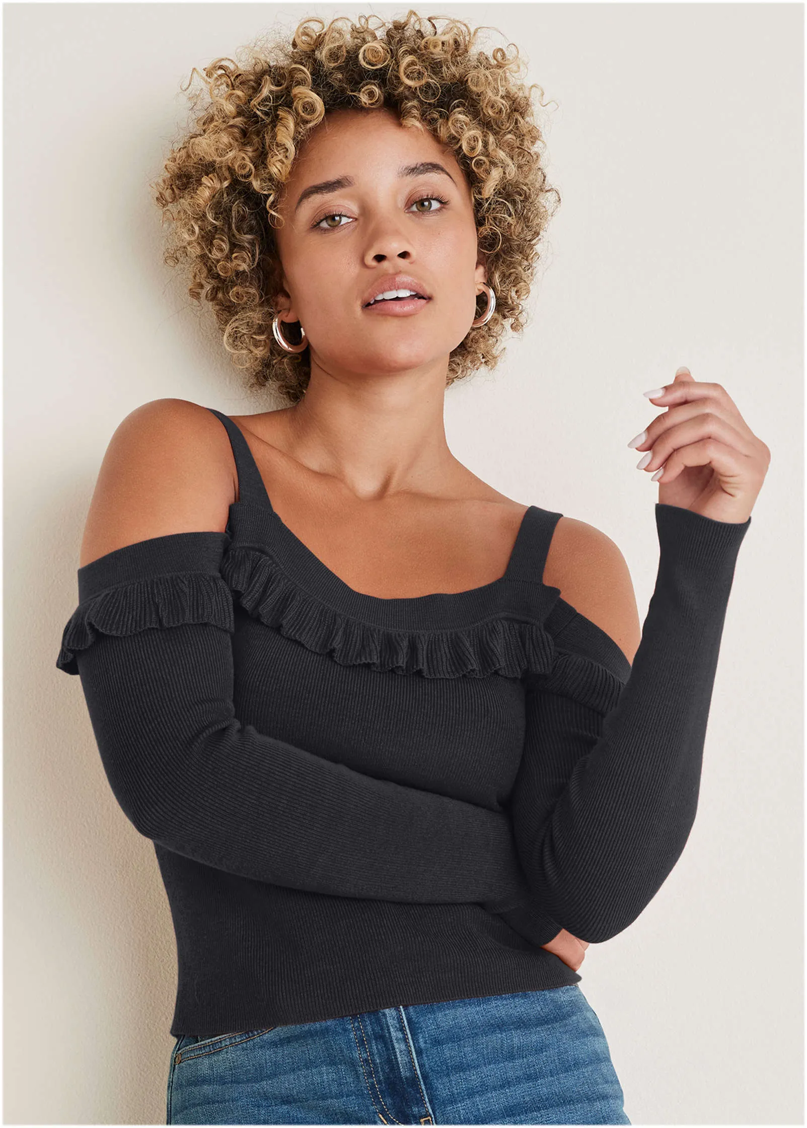 Cold Shoulder Ruffle Top - Black sold by VENUS