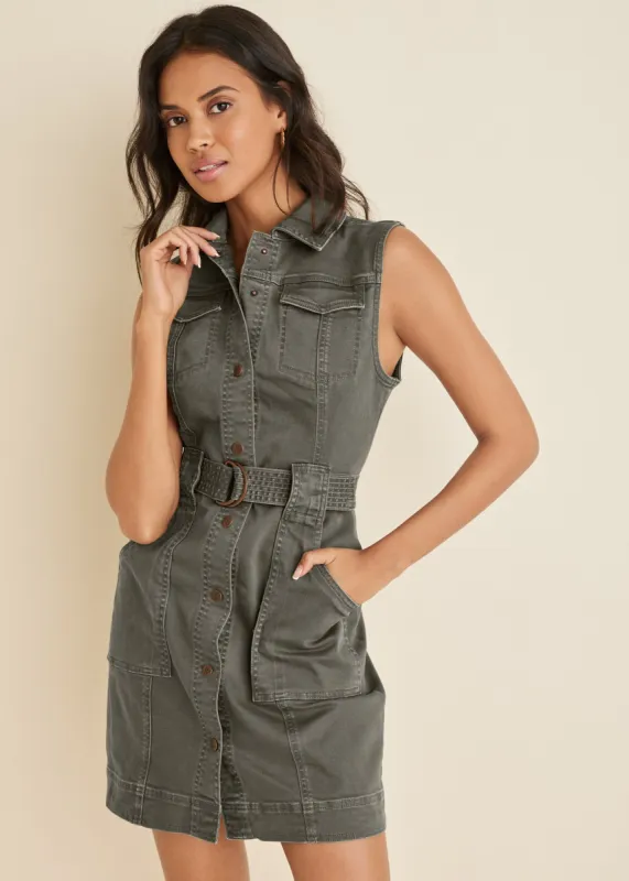 Colored Twill Utility Dress - Olive sold by VENUS