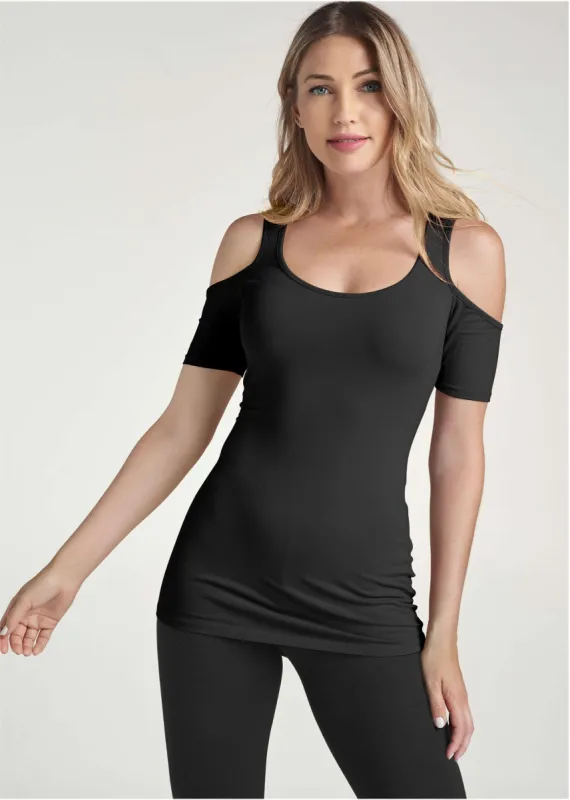 Long And Lean Cold-Shoulder Top - Black sold by VENUS