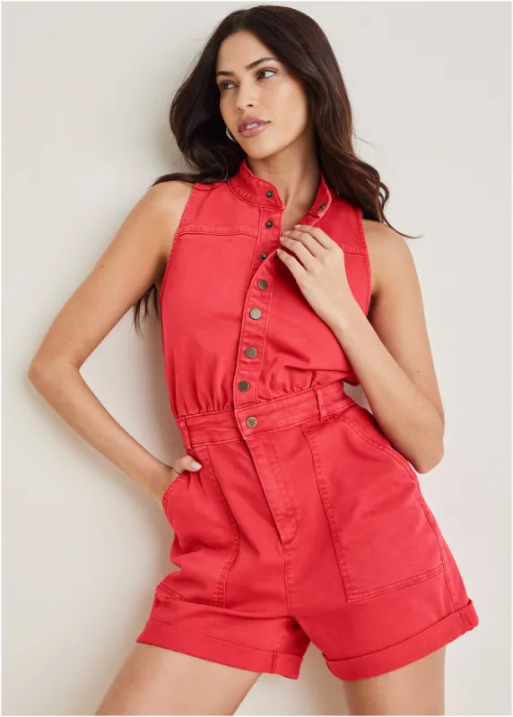 Twill Utility Romper - Scarlet sold by VENUS