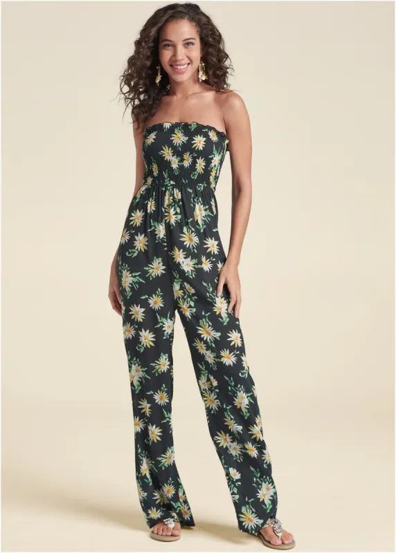 Floral Strapless Jumpsuit - Black & Yellow sold by VENUS